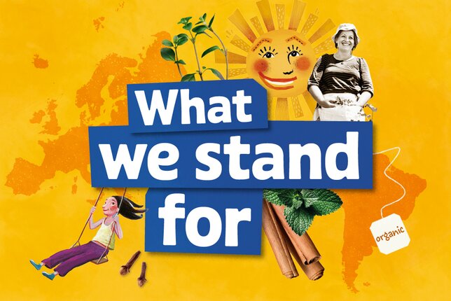 SONNENTOR Illustrations and photo of a SONNENTOR farmer with the text "What we stand for" and organic tag | © SONNENTOR