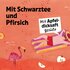 Text „Mit Schwarztee und Pfirsich“ sowie „Mit Apfeldicksaft gesüßt“, Illustration mit Flamingo, Apfel und Pfirsich