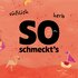 Text "So schmeckt's: süßlich, herb" mit Pfirsich-Illustrationen