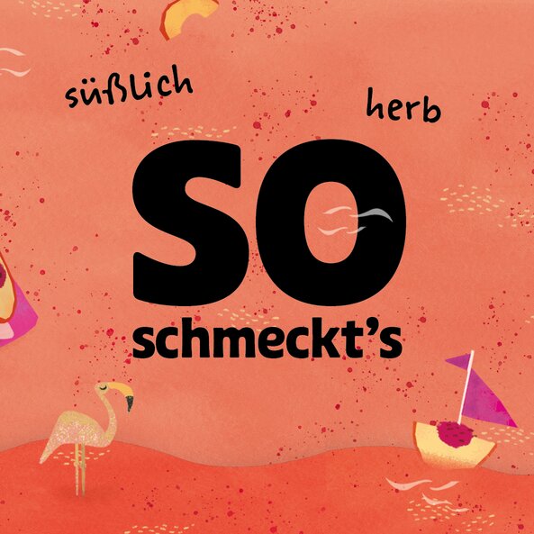 Text "So schmeckt's: süßlich, herb" mit Pfirsich-Illustrationen