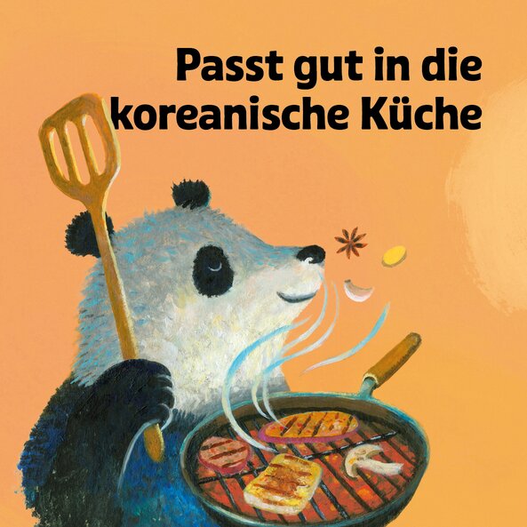 Illustration of a panda bear with a grill pan, barbecue food and a spatula on a light orange background with the words: ‘Fits well in Korean cuisine’.
