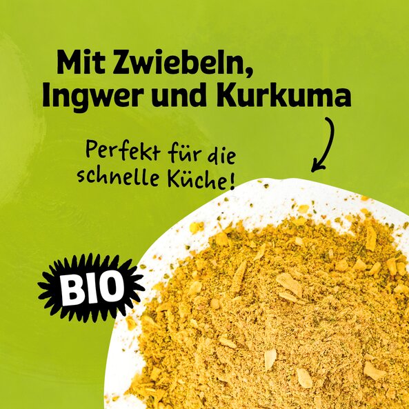 Illustration with Easy Goreng spice loose and the lettering: ‘With onions, ginger and turmeric – perfect for quick cooking’ on a light green background.