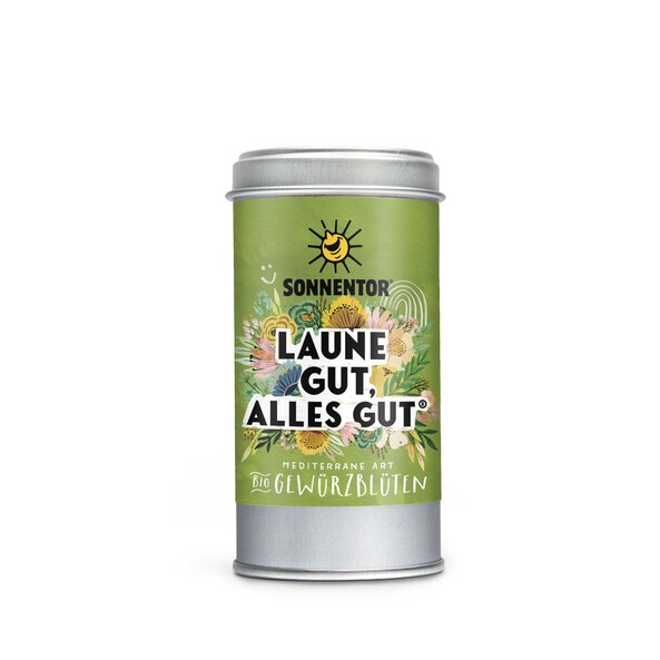 Photo of a spice tin Cheery Spice Blossom. On the spice tin is a Illustration with colorful floral background in green with the inscription Good mood, all good.